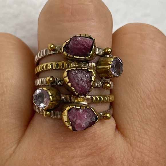 YS India 925 Sterling silver, brass ring. Mixed metals.  Raw Ruby, amethyst - Picture 1 of 9